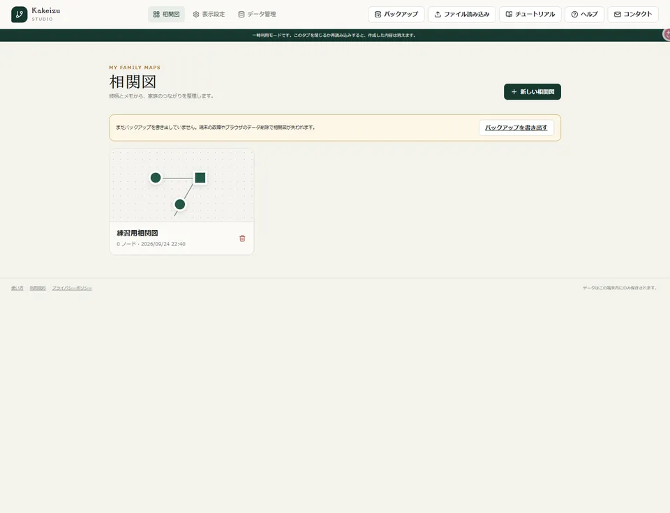 Kakeizu Studioの相関図一覧画面。練習用相関図のカードとバックアップ案内を表示している。